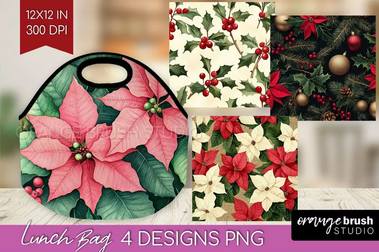 Poinsettia Lunch Bag - Christmas Lunch Bug PNG Sublimation