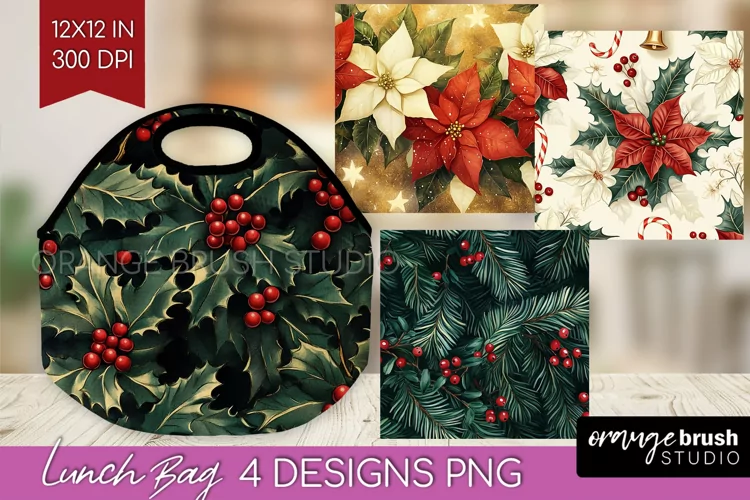Poinsettia Lunch Bag - Christmas Lunch Bug PNG Sublimation