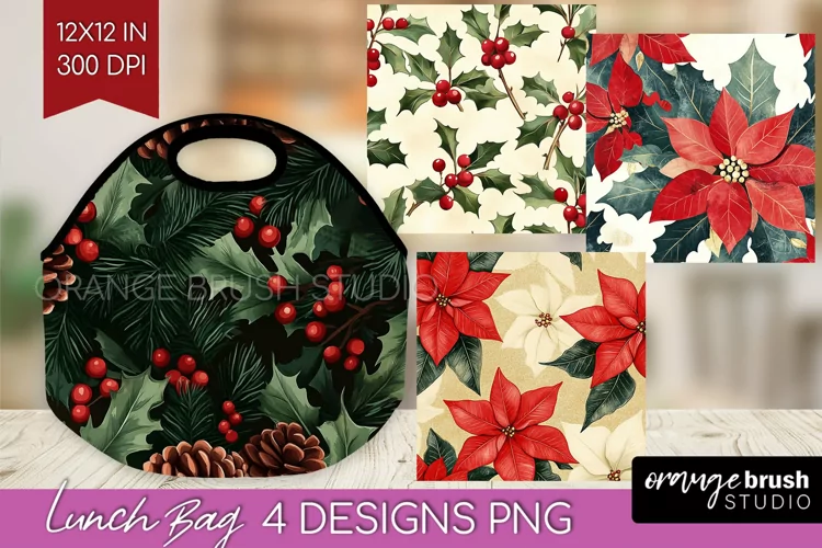 Poinsettia Lunch Bag - Christmas Lunch Bug PNG Sublimation