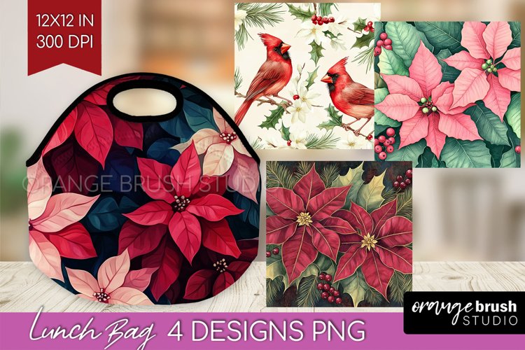Poinsettia Lunch Bag - Christmas Lunch Bug PNG Sublimation example image 1