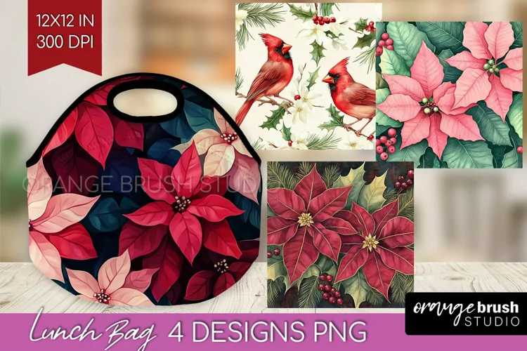 Poinsettia Lunch Bag - Christmas Lunch Bug PNG Sublimation