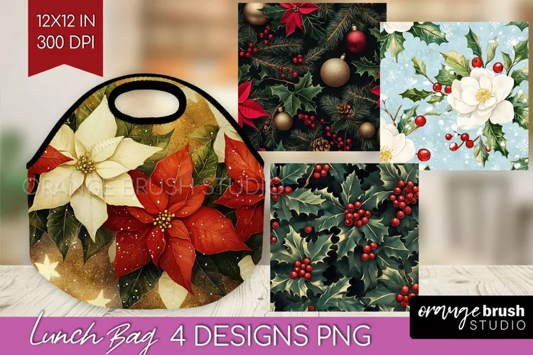 Poinsettia Lunch Bag - Christmas Lunch Bug PNG Sublimation