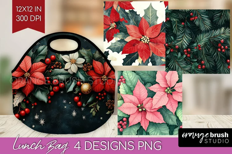 Poinsettia Lunch Bag - Christmas Lunch Bug PNG Sublimation