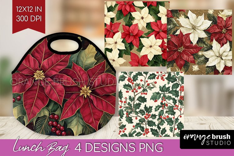 Poinsettia Lunch Bag - Christmas Lunch Bug PNG Sublimation example image 1
