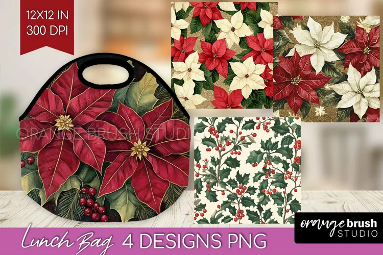 Poinsettia Lunch Bag - Christmas Lunch Bug PNG Sublimation
