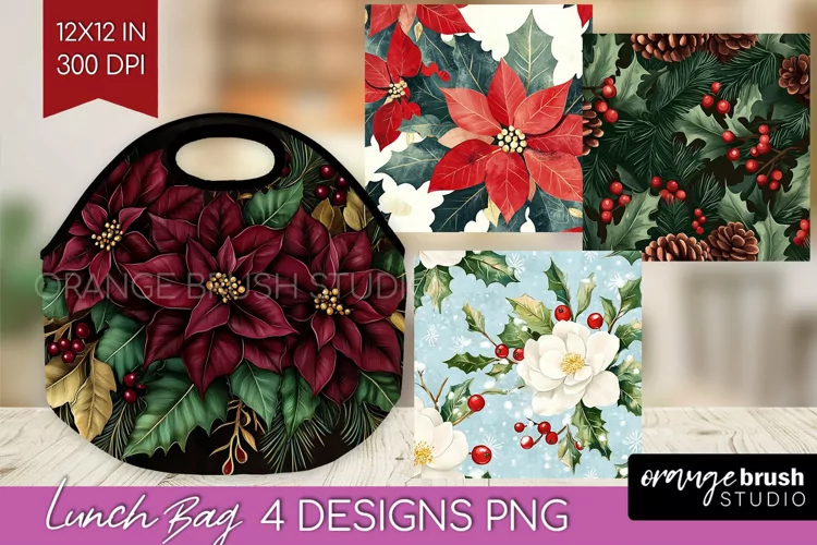 Poinsettia Lunch Bag - Christmas Lunch Bug PNG Sublimation