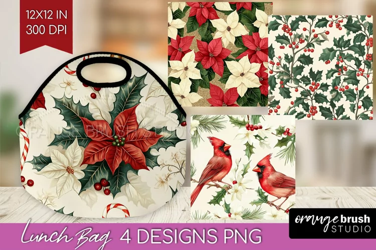 Poinsettia Lunch Bag - Christmas Lunch Bug PNG Sublimation