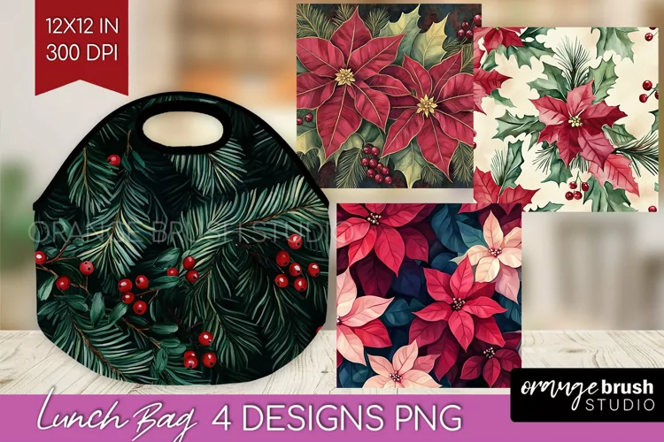 Poinsettia Lunch Bag - Christmas Lunch Bug PNG Sublimation