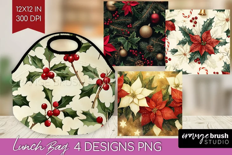Poinsettia Lunch Bag - Christmas Lunch Bug PNG Sublimation