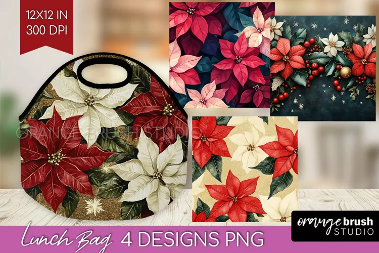 Poinsettia Lunch Bag - Christmas Lunch Bug PNG Sublimation