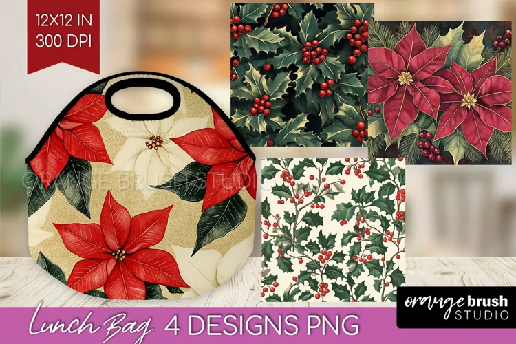 Poinsettia Lunch Bag - Christmas Lunch Bug PNG Sublimation