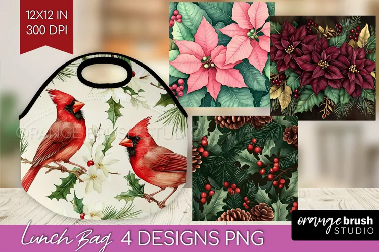 Poinsettia Lunch Bag - Christmas Lunch Bug PNG Sublimation