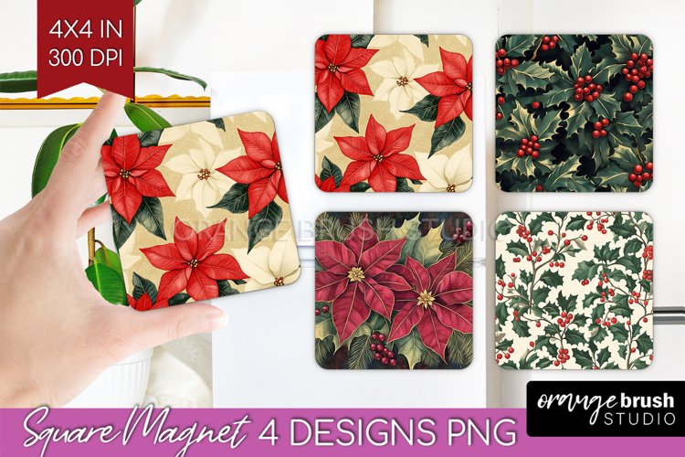 Poinsettia Magnet Sublimation - Christmas Square Magnet PNG