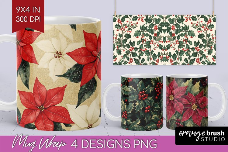 Poinsettia Mug Wrap - Christmas Mug PNG Sublimation