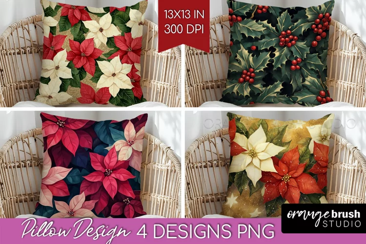 Poinsettia Pillow Sublimation - Christmas Pillow Cover PNG