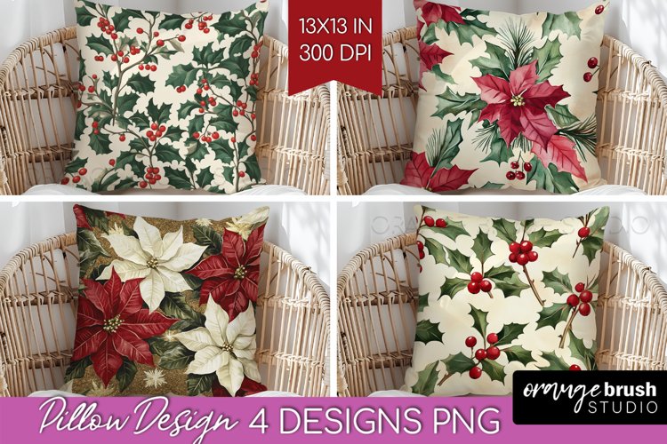 Poinsettia Pillow Sublimation - Christmas Pillow Cover PNG example image 1