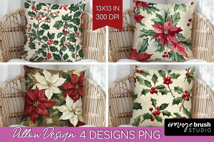 Poinsettia Pillow Sublimation - Christmas Pillow Cover PNG