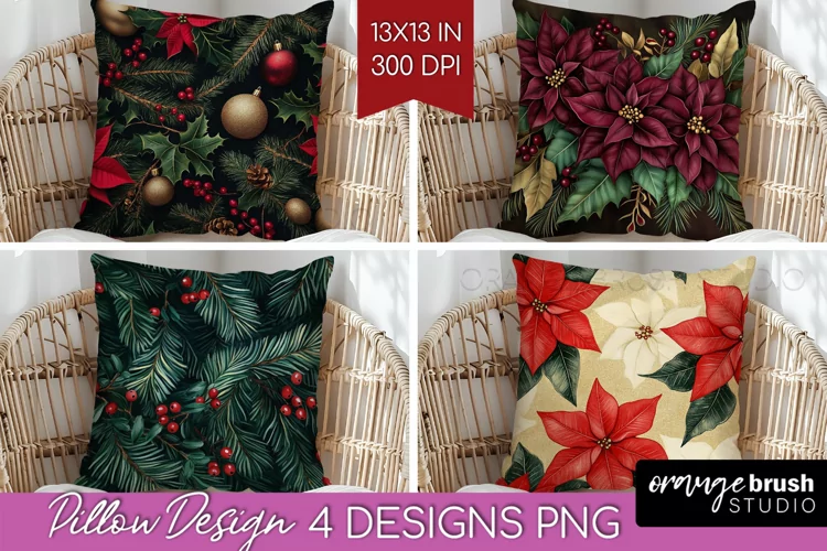 Poinsettia Pillow Sublimation - Christmas Pillow Cover PNG