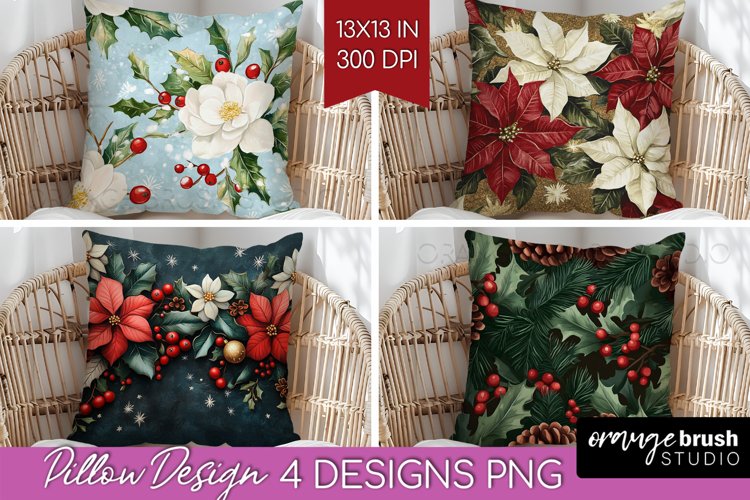 Poinsettia Pillow Sublimation - Christmas Pillow Cover PNG example image 1