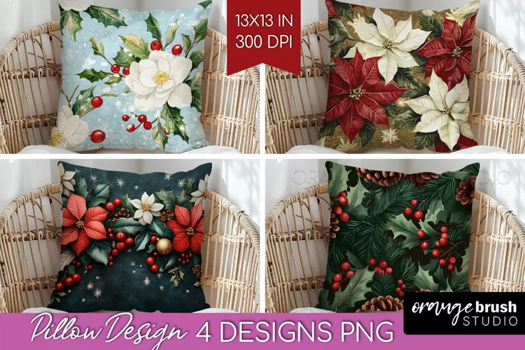 Poinsettia Pillow Sublimation - Christmas Pillow Cover PNG