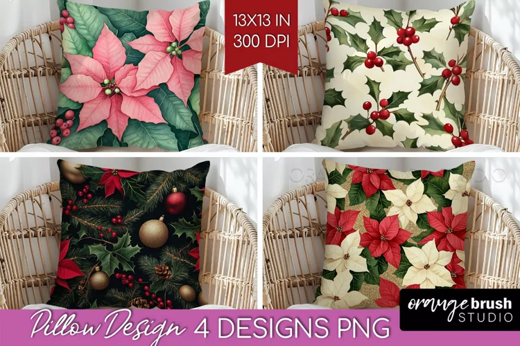 Poinsettia Pillow Sublimation - Christmas Pillow Cover PNG