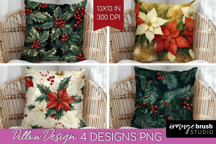 Poinsettia Pillow Sublimation - Christmas Pillow Cover PNG
