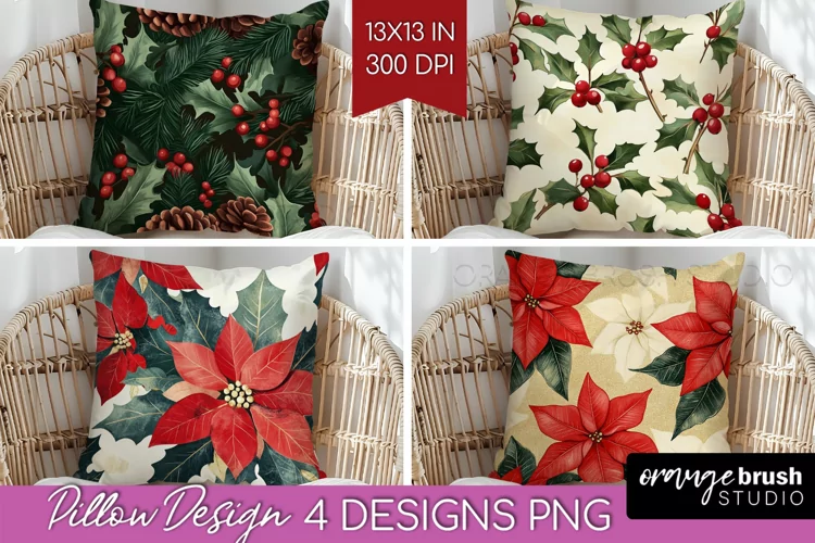 Poinsettia Pillow Sublimation - Christmas Pillow Cover PNG