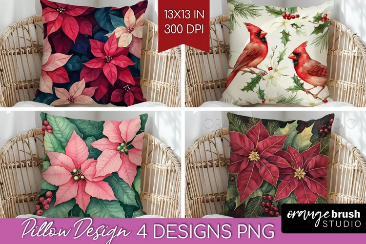 Poinsettia Pillow Sublimation - Christmas Pillow Cover PNG