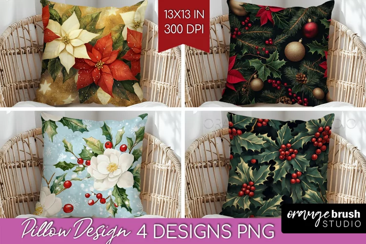 Poinsettia Pillow Sublimation - Christmas Pillow Cover PNG