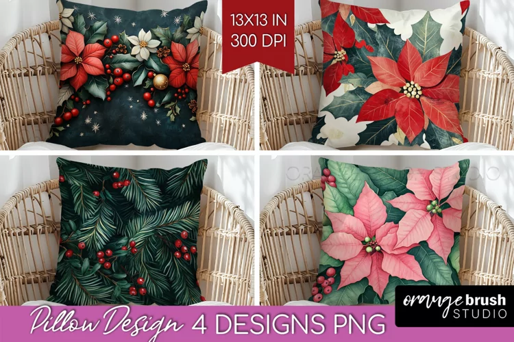 Poinsettia Pillow Sublimation - Christmas Pillow Cover PNG