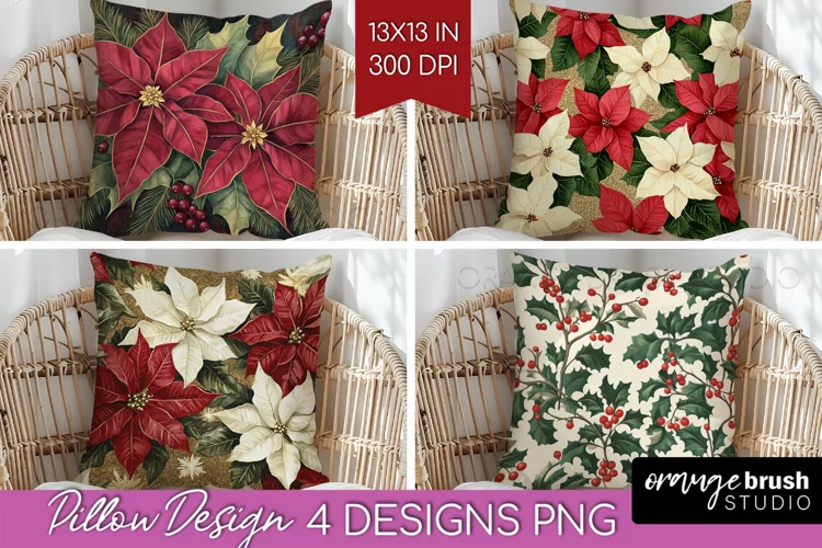 Poinsettia Pillow Sublimation - Christmas Pillow Cover PNG