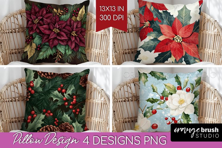 Poinsettia Pillow Sublimation - Christmas Pillow Cover PNG example image 1