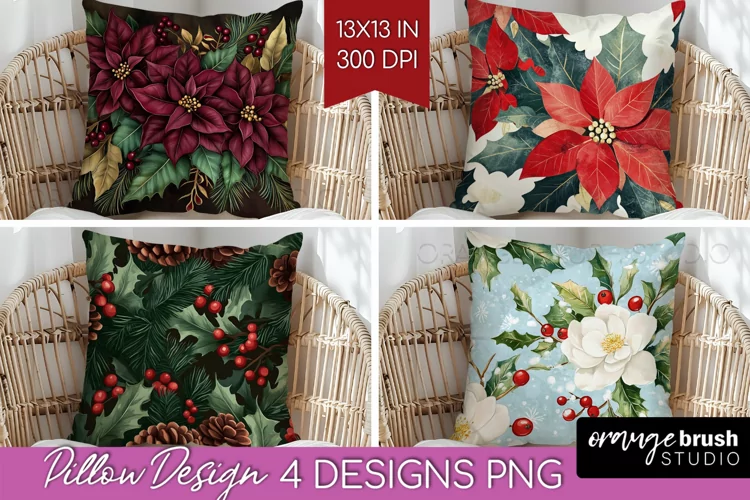 Poinsettia Pillow Sublimation - Christmas Pillow Cover PNG
