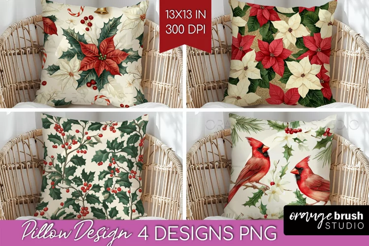 Poinsettia Pillow Sublimation - Christmas Pillow Cover PNG