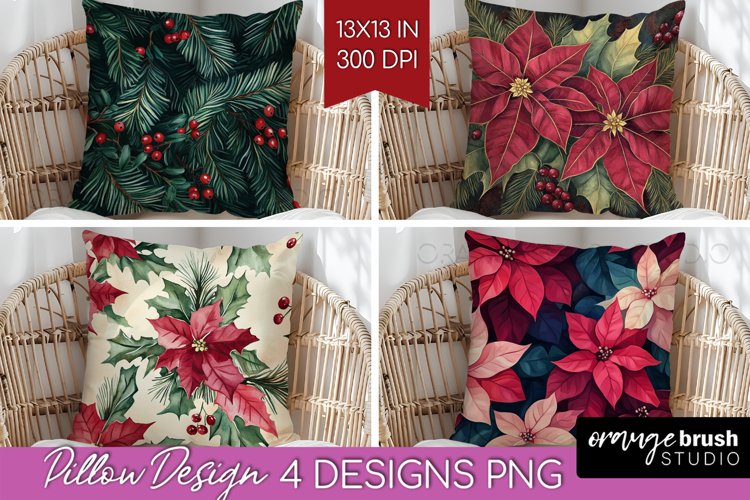 Poinsettia Pillow Sublimation - Christmas Pillow Cover PNG example image 1