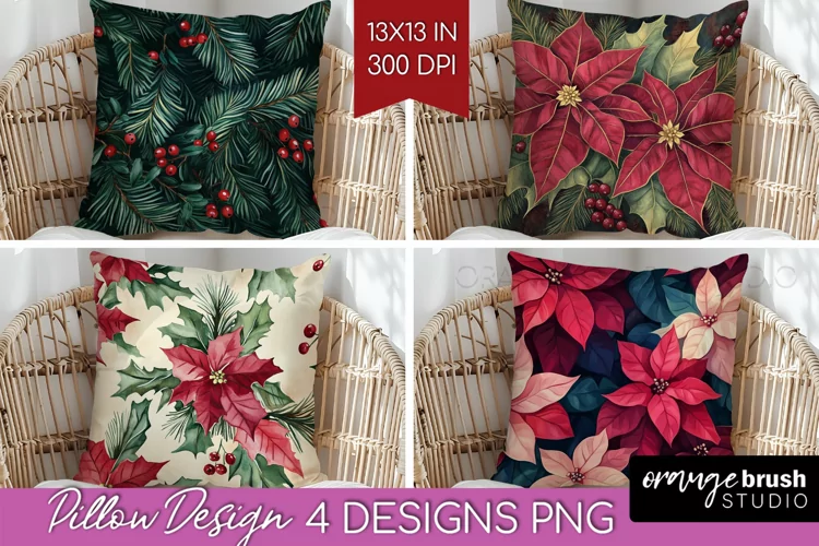 Poinsettia Pillow Sublimation - Christmas Pillow Cover PNG