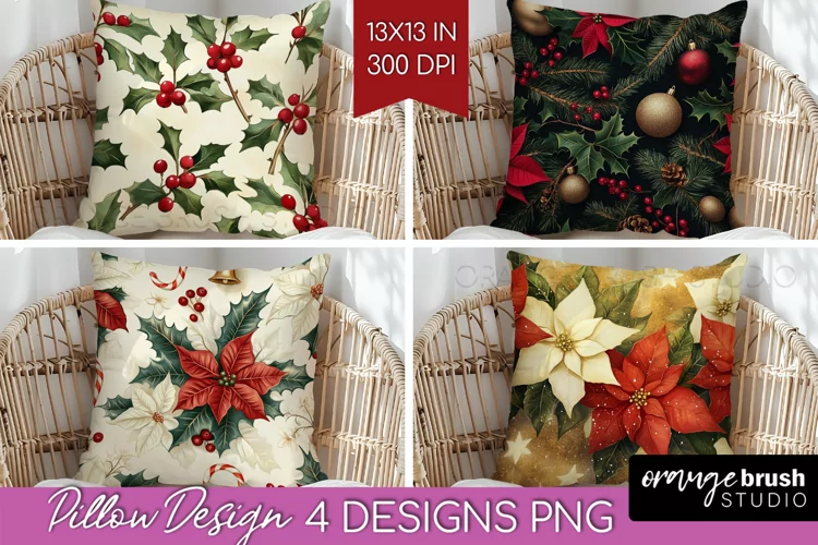 Poinsettia Pillow Sublimation - Christmas Pillow Cover PNG