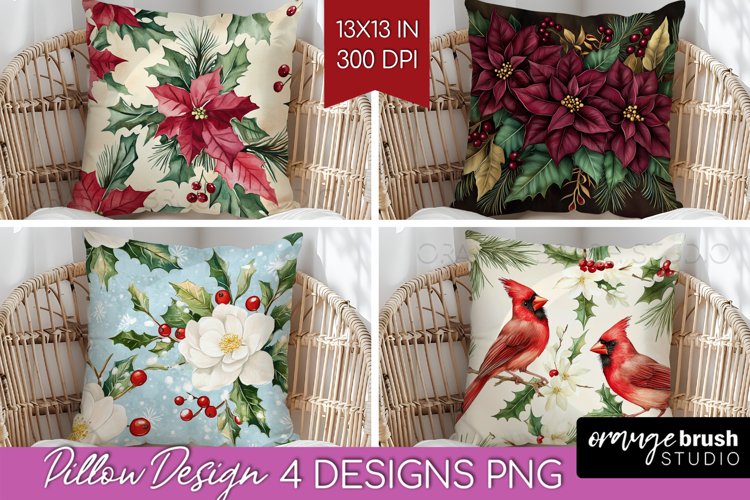 Poinsettia Pillow Sublimation - Christmas Pillow Cover PNG example image 1