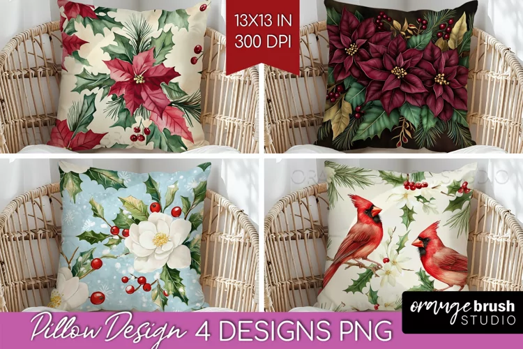 Poinsettia Pillow Sublimation - Christmas Pillow Cover PNG