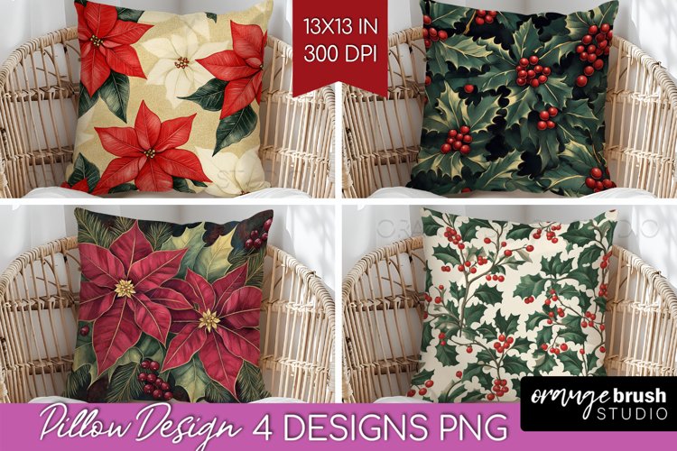 Poinsettia Pillow Sublimation - Christmas Pillow Cover PNG example image 1