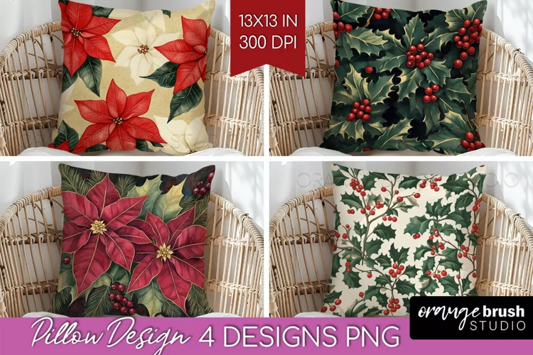 Poinsettia Pillow Sublimation - Christmas Pillow Cover PNG