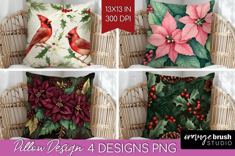 Poinsettia Pillow Sublimation - Christmas Pillow Cover PNG