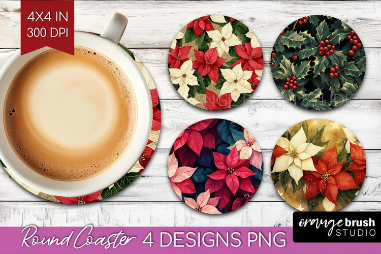 Poinsettia Round Coaster - Christmas Coaster PNG Sublimation