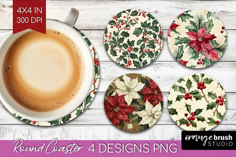 Poinsettia Round Coaster - Christmas Coaster PNG Sublimation
