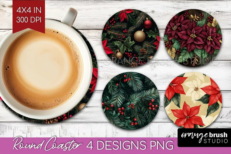 Poinsettia Round Coaster - Christmas Coaster PNG Sublimation