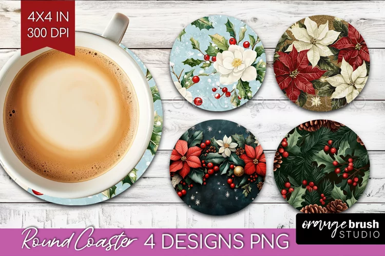 Poinsettia Round Coaster - Christmas Coaster PNG Sublimation