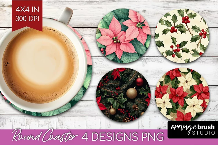 Poinsettia Round Coaster - Christmas Coaster PNG Sublimation