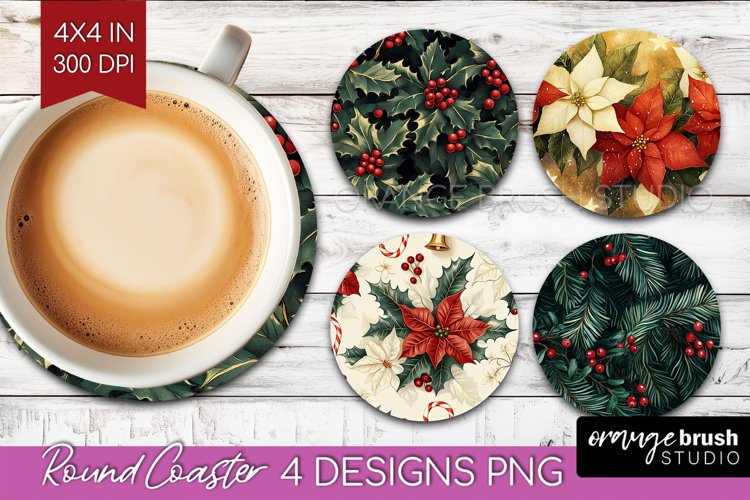 Poinsettia Round Coaster - Christmas Coaster PNG Sublimation example image 1