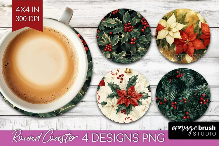 Poinsettia Round Coaster - Christmas Coaster PNG Sublimation