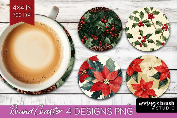 Poinsettia Round Coaster - Christmas Coaster PNG Sublimation